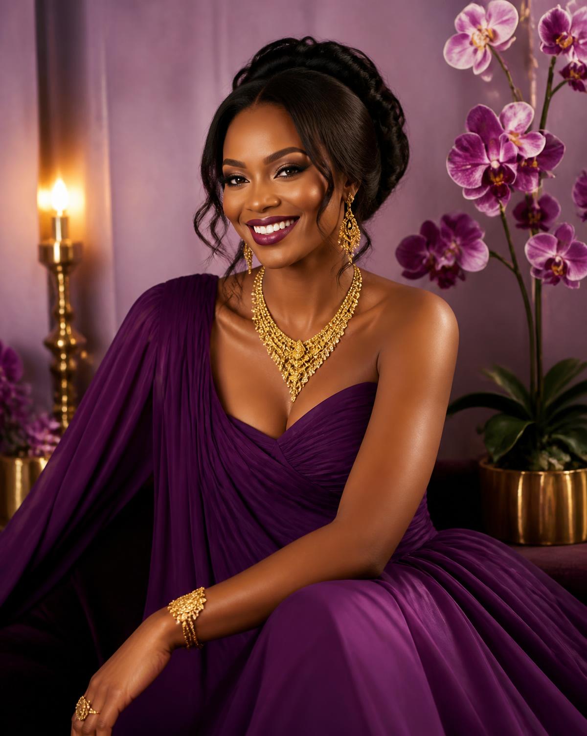 Studio portrait of a woman in a purple gown with gold jewelry beside orchids